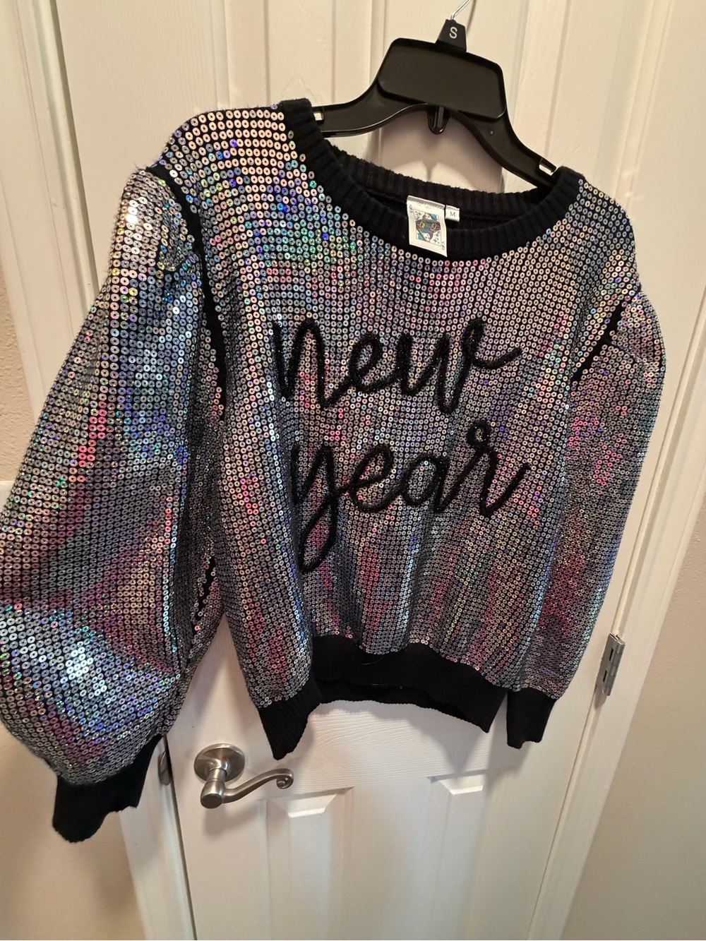 QUEEN OF SPARKLES Iridescent Sequin Crewneck Sweater with Black Script